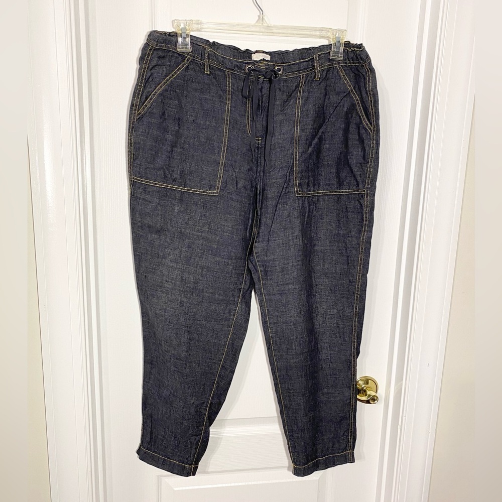 Eileen Fisher LINEN Drawstring Waist Cropped Pants Gold Stitching Navy Large